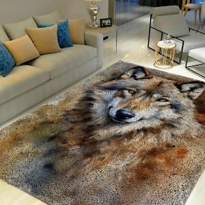 May include: A brown and gray wolf rug with a realistic design. The wolf's face is in the center of the rug, with its eyes looking directly at the viewer.