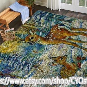 May include: A rectangular rug featuring a forest scene with two deer. The rug has a textured appearance with a color palette of blue, yellow, and brown. The deer are depicted in a running pose.
