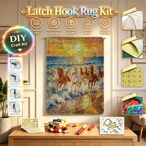 May include: A latch hook rug kit featuring a central image of horses running on a beach at sunset. The kit includes a pre-printed canvas, colorful yarn bundles, a latch hook tool, and instructional cards. The design displays a golden sky and blue ocean.