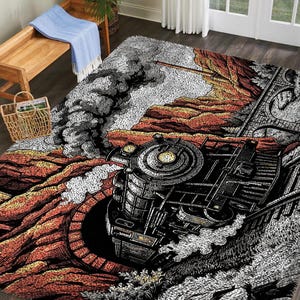 Puede incluir: Una alfombra rectangular con una ilustración detallada de un tren de vapor vintage que emerge de un túnel. La alfombra presenta un tren en blanco y negro sobre un fondo de paredes de cañón rojas y naranjas y un puente.