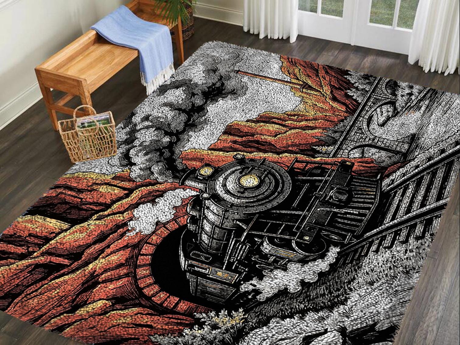 Vintage Train Latch Hook Rug Kit: DIY Yarn Craft Wall Hanging Decor