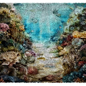 May include: An artistic depiction of a vibrant coral reef. The image showcases a variety of colorful coral formations in shades of red, yellow, and brown, set against a backdrop of blue water. The scene evokes an underwater environment.