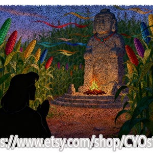 May include: An artistic illustration shows a stone Buddha statue lit by a fire, surrounded by colourful corn stalks. A silhouetted figure is in prayer. The sky is a gradient of blues and purples. The image has a textured, almost pointillist style.