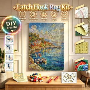 May include: A latch hook rug kit featuring a coastal landscape with boats on water, including a pre-printed canvas, colorful yarn bundles, and tools. The kit displays text including Latch Hook Rug Kit, DIY Craft Kit, Premium Yarn, Pre-Printed Canvas, Perfect Gift, Home Decor, and Relax & Unwind.