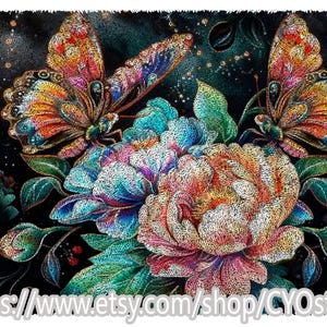 May include: A digital art print featuring two colorful butterflies with intricate wing patterns hovering over a cluster of flowers. The flowers are in shades of pink, blue, and orange, set against a dark background. The Etsy shop URL is visible at the bottom.