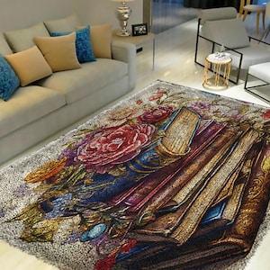 May include: A rug with a floral design featuring a large red rose and a stack of old books. The rug has a white background with a subtle texture.