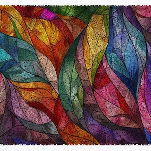 Puede incluir: Impresión de arte abstracto con un diseño de vitral colorido con una variedad de formas y colores, incluyendo azul, verde, rojo, naranja, amarillo y morado.