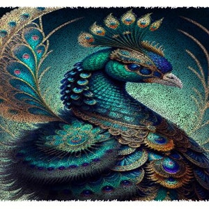 May include: A detailed illustration of a peacock with vibrant teal, blue, and gold feathers. The bird is depicted in profile, showcasing its elaborate plumage and a crown of feathers. The background is a gradient of teal and dark blue, with gold accents.