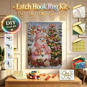 May include: A latch hook rug kit featuring a snowman wearing a pink hat and scarf, holding a gift, next to a decorated Christmas tree. Includes yarn, a pre-printed canvas, and tools. The text reads Latch Hook Rug Kit, DIY Craft Kit, Premium Yarn, Pre-Printed Canvas, Perfect Gift, Home Decor, and Relax & Unwind.