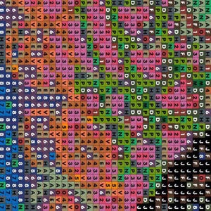 May include: A detailed, pixelated image of a colorful cross-stitch pattern. The design features numerous small squares, each filled with a specific color, creating a complex and intricate visual texture. The color palette includes shades of pink, green, blue, and orange.