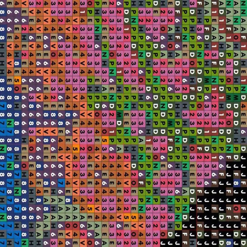 May include: A detailed, pixelated image of a colorful cross-stitch pattern. The design features numerous small squares, each filled with a specific color, creating a complex and intricate visual texture. The color palette includes shades of pink, green, blue, and orange.
