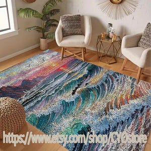 May include: A colorful area rug with a vibrant ocean wave design. The rug features shades of blue, teal, orange, and purple, depicting a sunset over the sea. The rug is placed on a wooden floor, with furniture in the background.