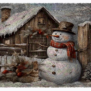 May include: A snowman wearing a red and black scarf and a black top hat stands in front of a wooden fence and a small wooden house with a snowy roof. The scene is set in a winter wonderland with snow falling.