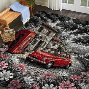 May include: A decorative area rug featuring a red telephone booth, a red vintage car, and a stone house. The rug has a floral border with pink and white flowers. The background is a black and white cobblestone design.
