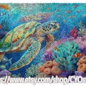 May include: A textured illustration of a sea turtle swimming in a colourful coral reef. The artwork features shades of blue, green, yellow, orange, and purple, with the Etsy shop URL at the bottom.
