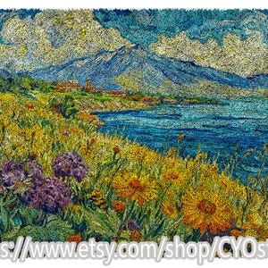 May include: A colorful landscape painting featuring a mountain range, a body of water, and a field of flowers. The artwork uses a textured, pointillist style with vibrant blues, yellows, and purples. The Etsy shop URL is visible at the bottom.