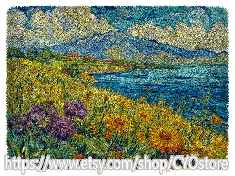 May include: A colorful landscape painting featuring a mountain range, a body of water, and a field of flowers. The artwork uses a textured, pointillist style with vibrant blues, yellows, and purples. The Etsy shop URL is visible at the bottom.