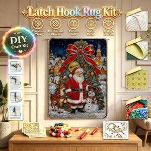 Snowman Santa Claus Latch Hook Rug Kit: DIY Printed Canvas Craft,  Wall Hanging, Boho Sun Moon Christmas Home Decor Gift
