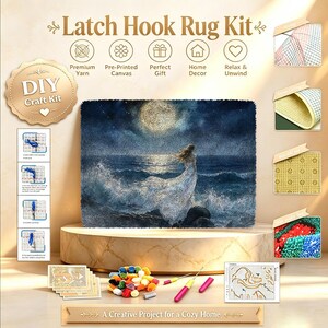 May include: A latch hook rug kit featuring a finished rug with a moonlit ocean scene and a person in a white dress standing on rocks. The kit includes pre-printed canvas, yarn bundles, a latch hook tool, and instructional diagrams for assembly.