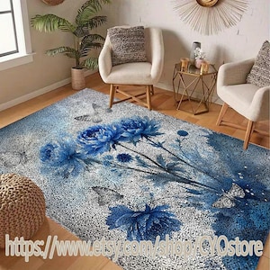 Latch Hook Rug Kits - Blue Flower White Butterfly - Embroidery Do It Yourself Tapestry Kits Needlework Button Package Point Rug DIY Rugs