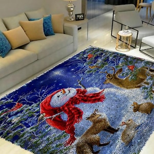 Christmas Latch Hook Rug Kit: Snowman, Deer, Fox, Tapestry Carpet