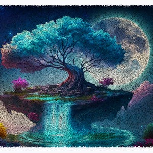 May include: A surreal painting of a large blue tree growing on a floating island with a waterfall cascading down. The tree is silhouetted against a large, bright moon in a dark blue sky.