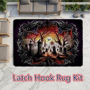 Halloween Graveyard Maple Leaf Black Rose Latch Hook Kit, Gothic Spooky DIY Rug Pattern, Witchy Dark Wall Decor
