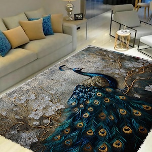 May include: A rectangular area rug featuring a detailed peacock design. The rug showcases a peacock with vibrant blue and gold feathers against a gray and brown background. Floral accents and a textured border complete the design.