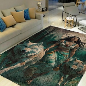May include: A green, brown, and white area rug with a Native American woman, two wolves, and a full moon. The rug has a textured, fuzzy surface.
