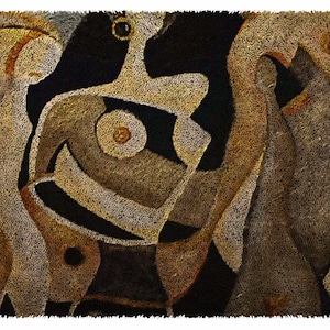 May include: Abstract rug with a brown, beige and black colour scheme. The rug features a stylised design of three figures.