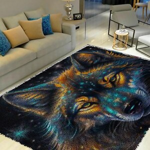 May include: A black and blue rug with a colorful wolf design. The wolf's eyes are yellow and the fur is a mix of blue, green, and gold.