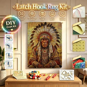 Peut inclure: Un kit de tapis à nouer comprenant une toile pré-imprimée représentant une personne portant une coiffe à plumes traditionnelle. Le kit inclut des pelotes de laine colorées, un crochet et des schémas. Le texte indique Latch Hook Rug Kit.