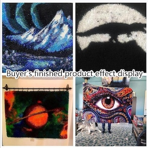 May include: Four images showcasing finished textile art pieces. One depicts a mountain scene with blue and white hues, another a white shape on black. The other two show a planet and an eye design, all with a textured appearance.