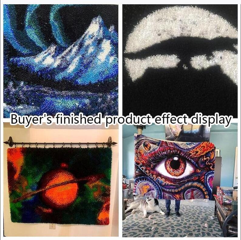 May include: Four images showcasing finished textile art pieces. One depicts a mountain scene with blue and white hues, another a white shape on black. The other two show a planet and an eye design, all with a textured appearance.