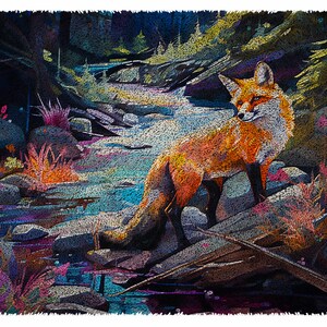 May include: A red fox stands on rocks by a stream in a dark forest. The fox has a bushy tail and is looking to the left. The stream is surrounded by rocks and foliage. The forest is dark and mysterious.