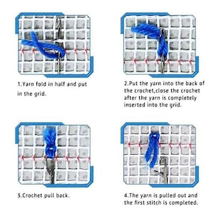 May include: Step-by-step instructions for rug hooking. The image shows a blue yarn being looped through a grid with a crochet hook. Text explains the process: folding yarn, inserting it into the grid, pulling it back, and completing the stitch.