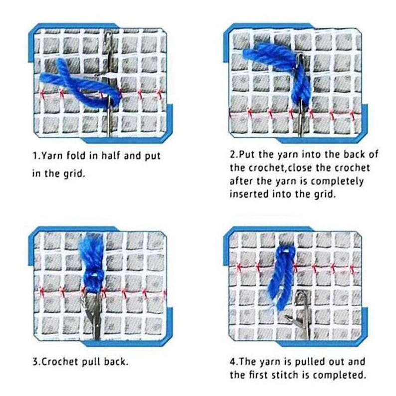 May include: Step-by-step instructions for rug hooking. The image shows a blue yarn being looped through a grid with a crochet hook. Text explains the process: folding yarn, inserting it into the grid, pulling it back, and completing the stitch.