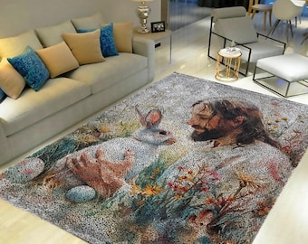 Jesus and Rabbit Latch Hook Rug Kit: Printed Canvas, DIY Home Decor
