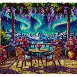 May include: A vibrant pointillist-style artwork depicting a wooden balcony with two wicker chairs and a round table. The scene features potted pink and purple flowers, a pergola draped in wisteria, and a view of snow-capped mountains under a green aurora.