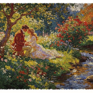 May include: An impressionistic painting shows a couple in a garden. The artwork features a man in a brown coat and a woman in a white dress, surrounded by lush greenery, flowers, and a flowing stream.
