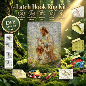 May include: A latch hook rug kit featuring a central image of a figure holding a lamb in a field of flowers. The kit includes a pre-printed canvas, colorful yarn bundles, a latch hook tool, and instructional cards with step-by-step diagrams.