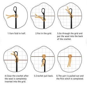 May include: A step-by-step guide to crocheting, featuring a black crochet hook and tan yarn. The image shows six stages, starting with folding the yarn and ending with the first stitch completed. Text labels each step.