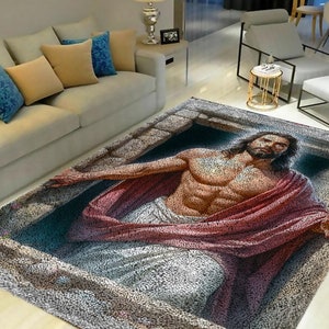 May include: A rug with a detailed image of a man in a red robe and white clothing. The image is made up of small, colorful dots.