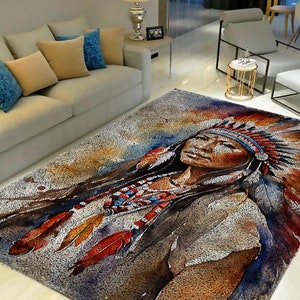 May include: A watercolor rug featuring a Native American woman wearing a headdress with colorful feathers. The rug has a textured, fuzzy surface.