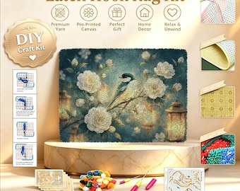 Vintage White Camellia Bird Latch Hook Kit, Floral Branch Diy Rug Pattern Home Wall Decor