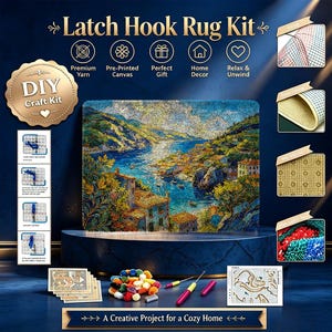 May include: A latch hook rug kit featuring a finished rug with a coastal landscape scene, including pre-printed canvas, colorful yarn bundles, a latch hook tool, and instructional cards. The kit includes detailed diagrams for the hooking process.