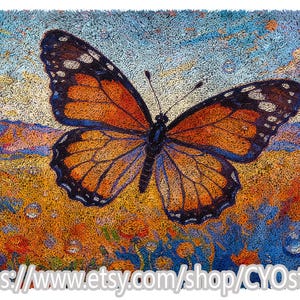May include: A colorful rug featuring a detailed butterfly with orange and black wings, set against a backdrop of a blue sky and a field of flowers. The rug has a textured appearance and the Etsy shop URL is visible.