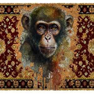 Può includere: Un primo piano del viso di uno scimpanzé, con un tappeto rosso e oro con un motivo rovinato e strappato dietro.