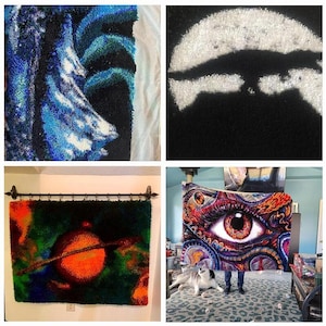 May include: A collection of four colorful, textured textile art pieces. One features a blue and white abstract design, another a white shape on black, a third a planet with rings, and the last a large eye with intricate patterns.
