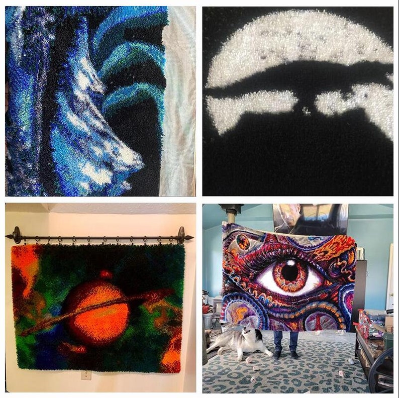 May include: A collection of four colorful, textured textile art pieces. One features a blue and white abstract design, another a white shape on black, a third a planet with rings, and the last a large eye with intricate patterns.